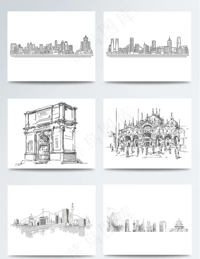 手绘线稿城市建筑元素图片psd模版下载