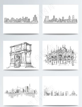 手绘线稿城市建筑元素图片