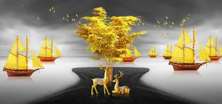 新中式帆船麋鹿装饰画图片