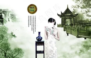 复古风格江南风景宣传海报图片