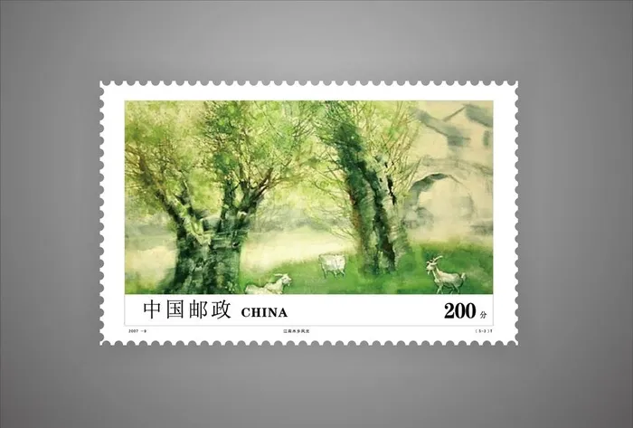 江南水乡邮票图片ai矢量模版下载