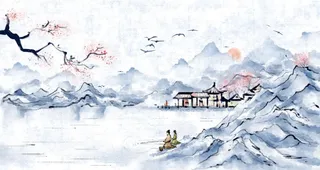 水蓝江南河畔的垂钓者淡墨插画图片