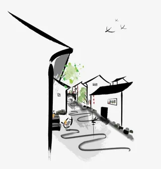 手绘水墨古建筑街道图片