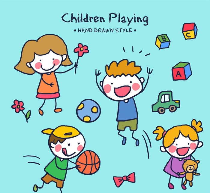 4款可爱手绘玩游戏的儿童矢量图图片