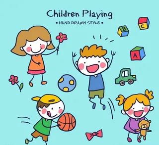 4款可爱手绘玩游戏的儿童矢量图图片