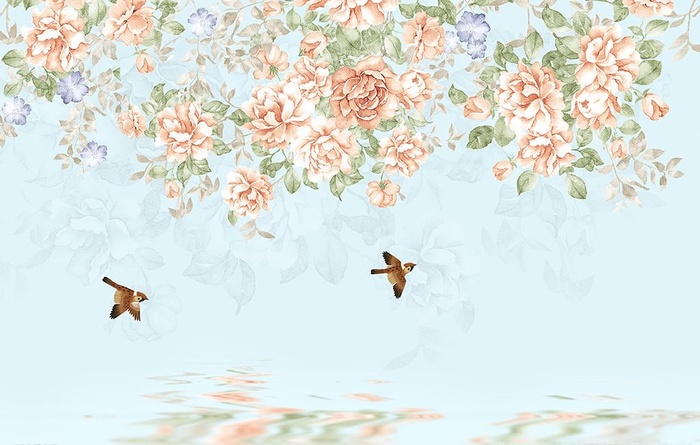 复古欧式手绘花鸟背景墙壁画图片(9449x6299)psd模版下载