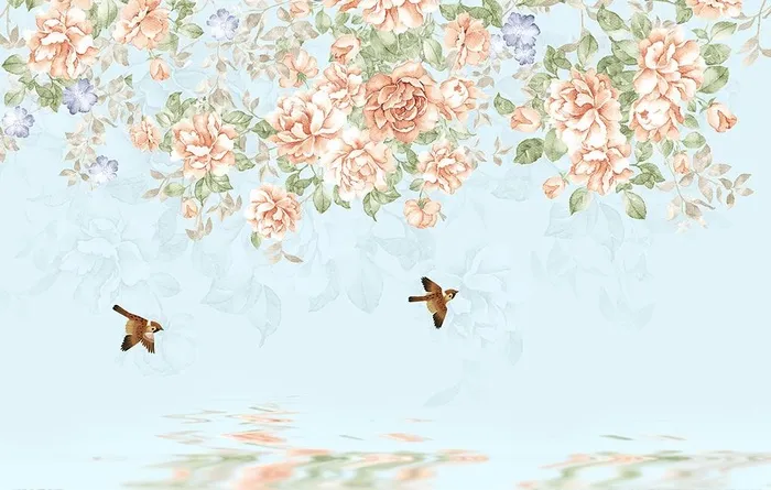 复古欧式手绘花鸟背景墙壁画图片(9449x6299)psd模版下载