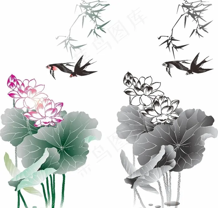 荷花水墨矢量图图片cdr矢量模版下载