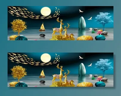 麋鹿发财树金色山水装饰画图片