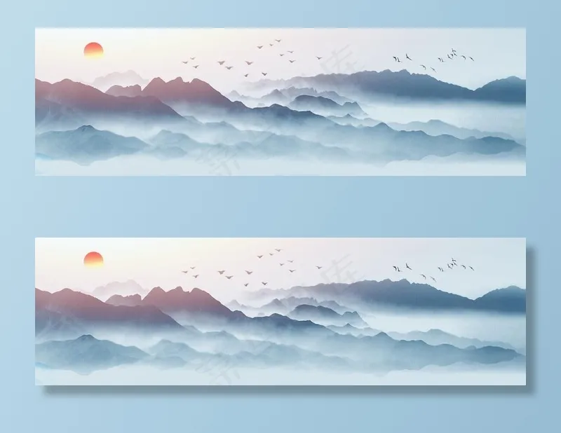 山水古风国风壁画墙贴装饰素材图片(11811x3937)psd模版下载