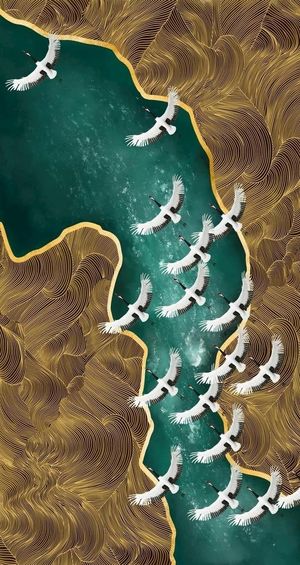 抽象飞鸟线条晕染纹理鎏金色块装图片