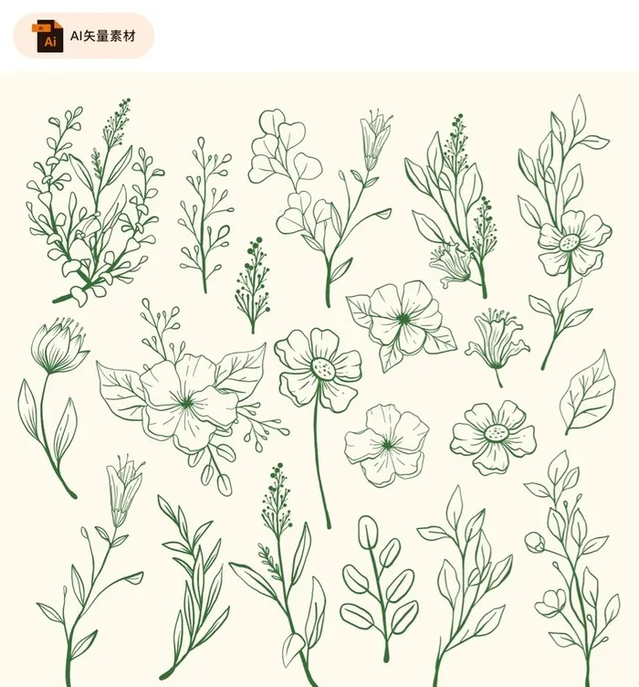手绘植物花草素材图片ai矢量模版下载