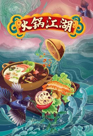 国潮插画山水风格火锅海报图片
