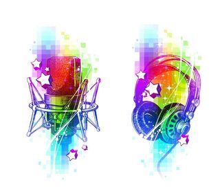 手绘风格彩色话筒耳机矢量元素图片