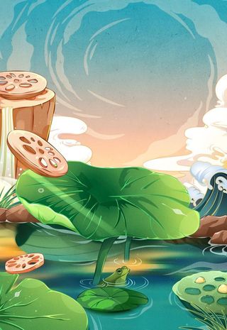 夏天荷塘国潮风海报插画背景图片