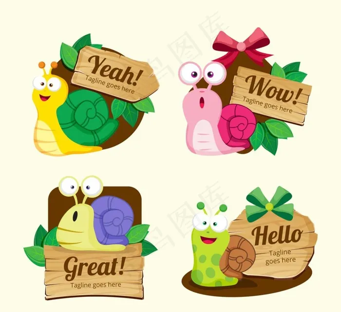 4款卡通蜗牛语言标签矢量素材图片ai矢量模版下载