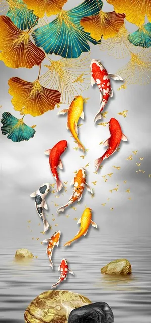 新中式金色银杏叶鲤鱼玄关装饰画图片