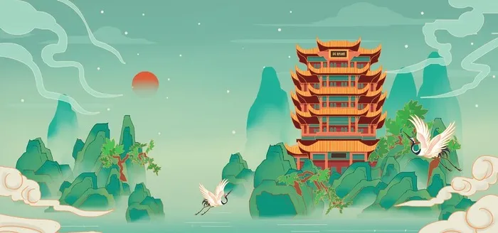 -古风山水宝塔元素背景图片(6000x3000)psd模版下载