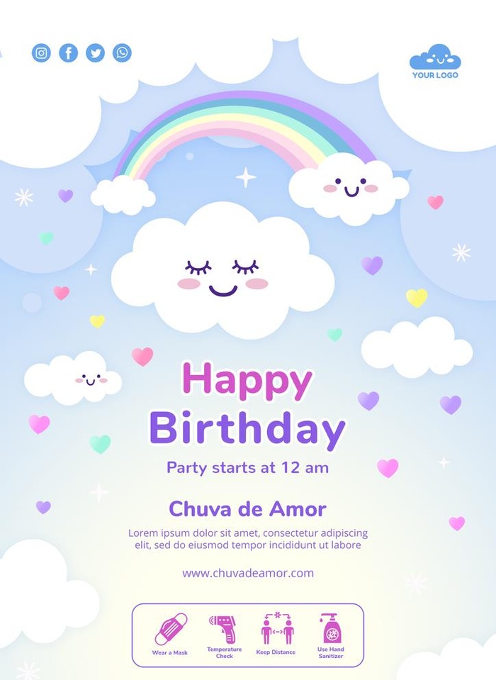 卡通可爱笑脸云朵生日海报psd图片