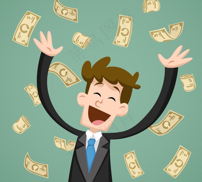 在纸币雨中大笑的商务男子矢量图图片
