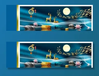 抽象麋鹿金色山水装饰画图片