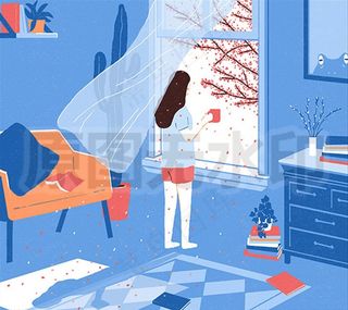 女孩居家咖啡茶沙发窗帘风吹花瓣图片