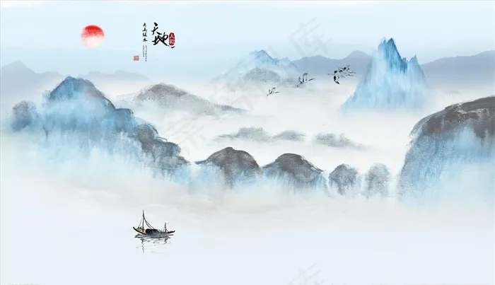意境山水小船太阳鹤背景墙图片(9071x5669)psd模版下载
