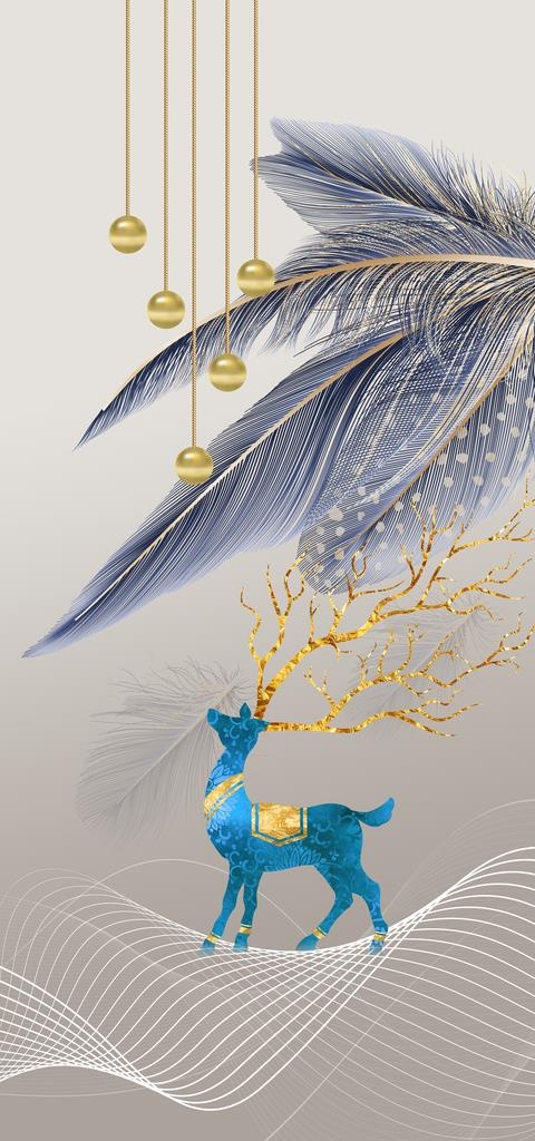 金色麋鹿羽毛艺术装饰画图片