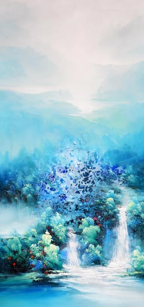 油画山水流水生财玄关图片(3402x6803)