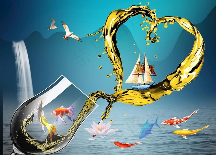 餐厅高脚杯帆船年年有鱼装饰画图片