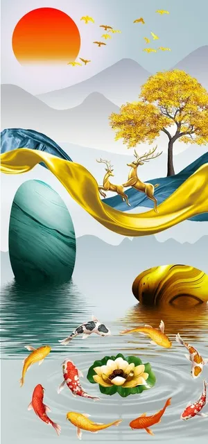 金色麋鹿发财鹿晶瓷画图片