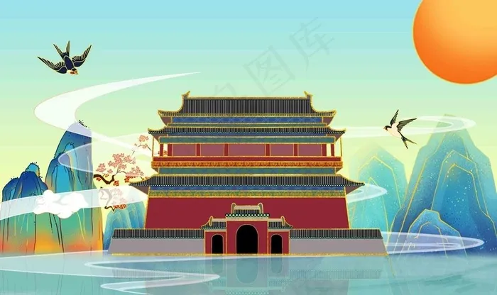 中国风建筑背景墙图片(3780x2362)psd模版下载