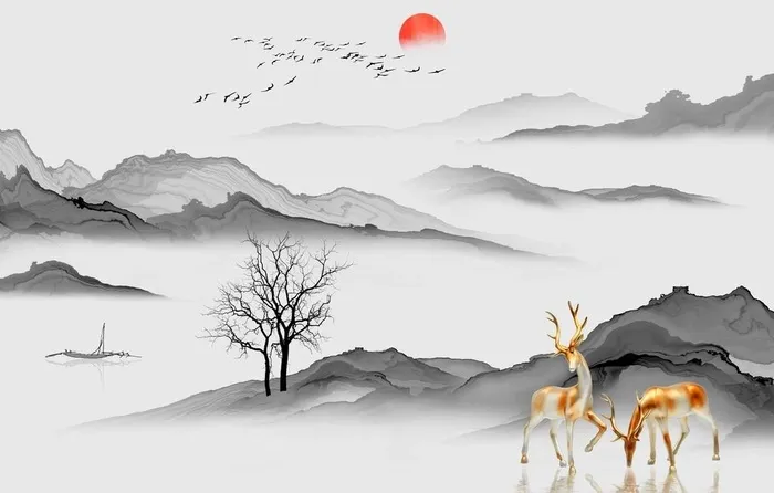 中式水墨山水背景图片(9071x5669)psd模版下载