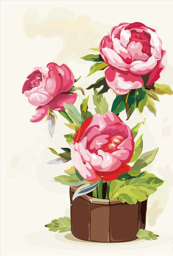 手绘牡丹花花瓶矢量元素图片