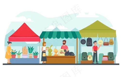 扁平化摆摊赶集小摊贩插画设计图片