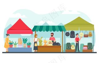 扁平化摆摊赶集小摊贩插画设计图片