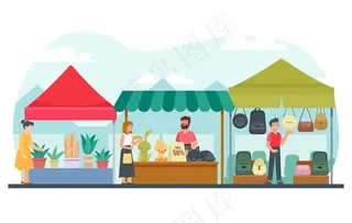 扁平化摆摊赶集小摊贩插画设计图片