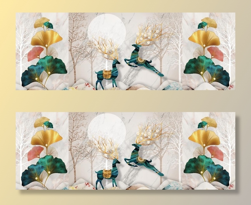 金色麋鹿发财鹿晶瓷画图片(9176x3543)