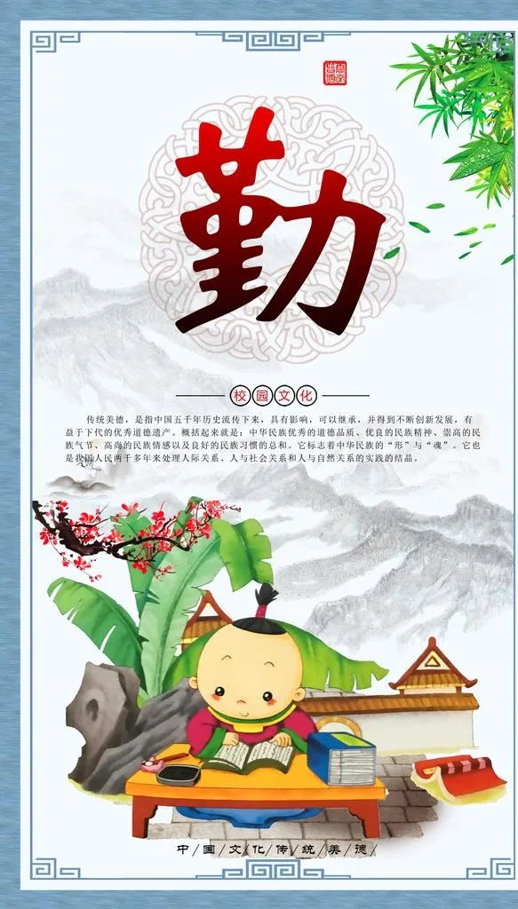 传统国学教育校园文化展板之勤图片(2835x4724)psd模版下载