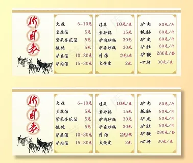 驴肉火烧驴肉汤价目表 展板图片