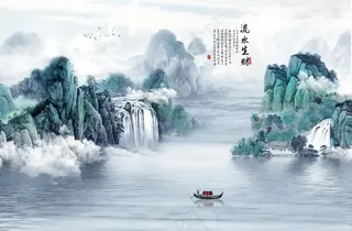流水生财新中式大理石水墨山水图片