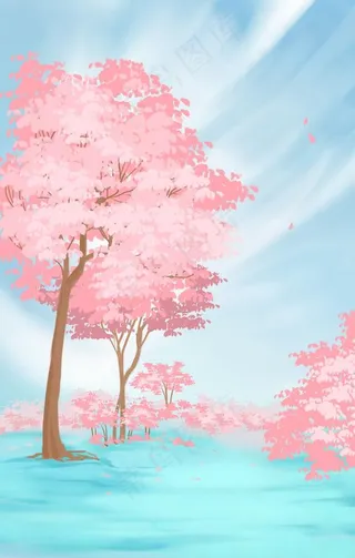 粉色唯美樱花树插画背景图片