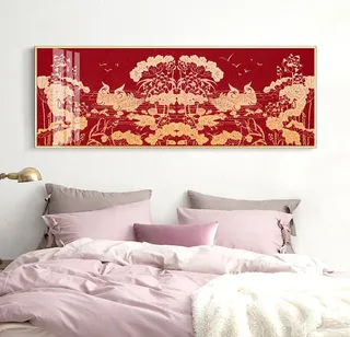 砖红金色剪影鸳鸯荷花浪花图片