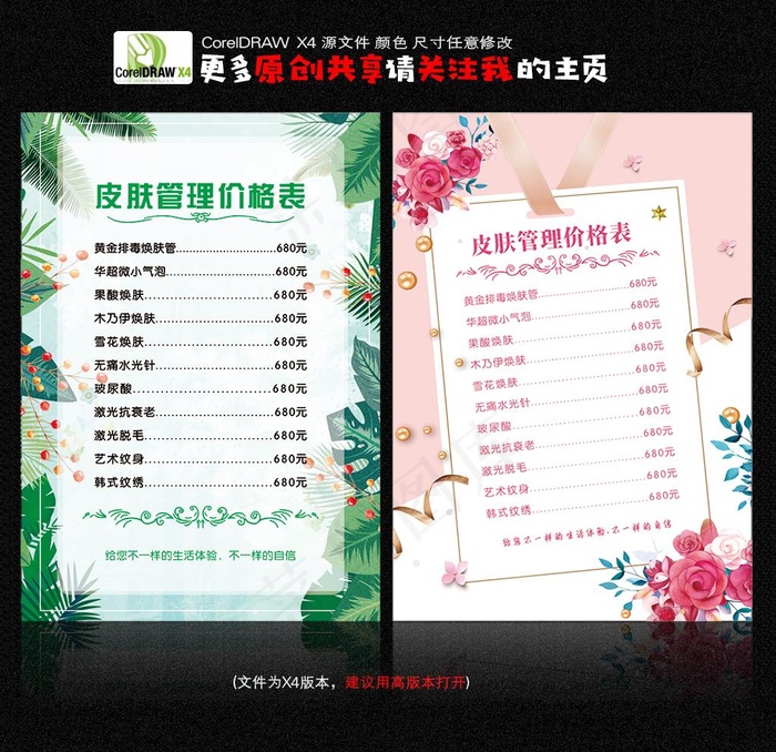美容院价目单 皮肤管理图片cdr矢量模版下载