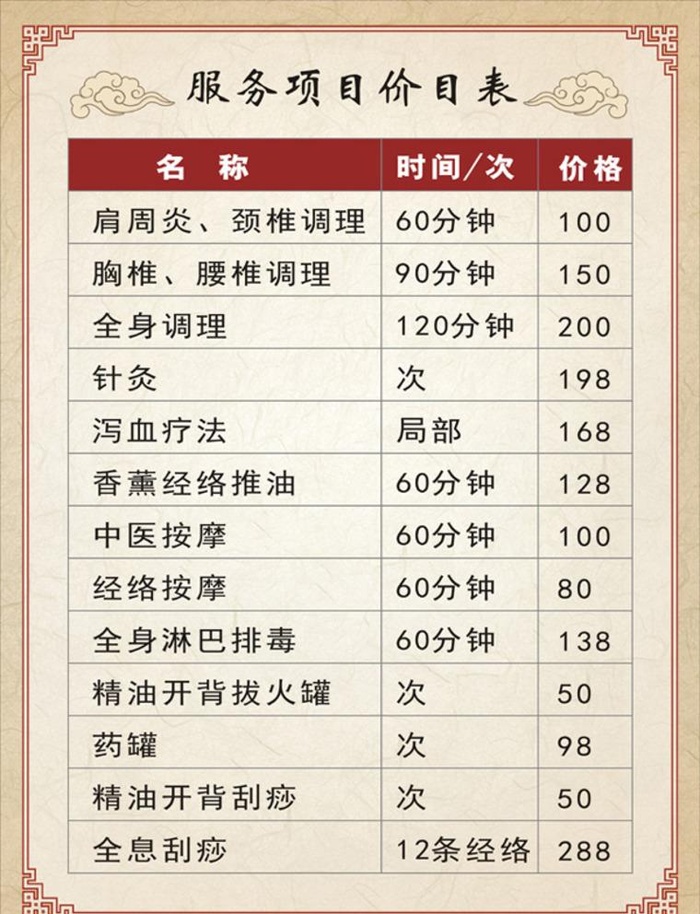 中医理疗养生服务项目价目表图片cdr矢量模版下载