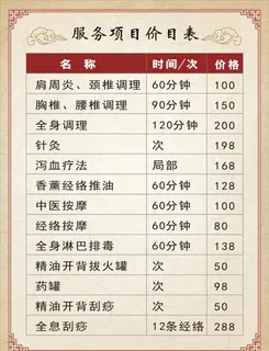中医理疗养生服务项目价目表图片