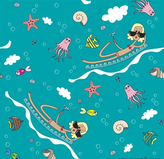 卡通人物海边度假四方连续底纹图片cdr矢量模版下载