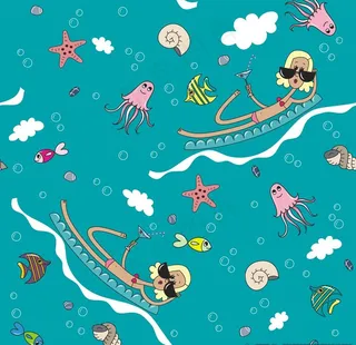 卡通人物海边度假四方连续底纹图片