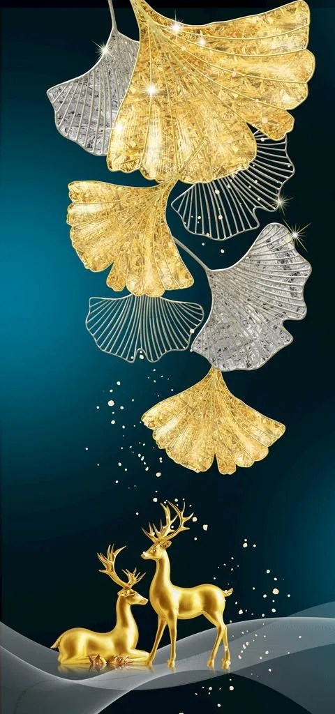 银杏叶金色麋鹿意境山水装饰画图片(3941x7882)