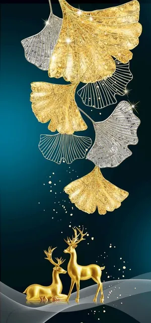 银杏叶金色麋鹿意境山水装饰画图片